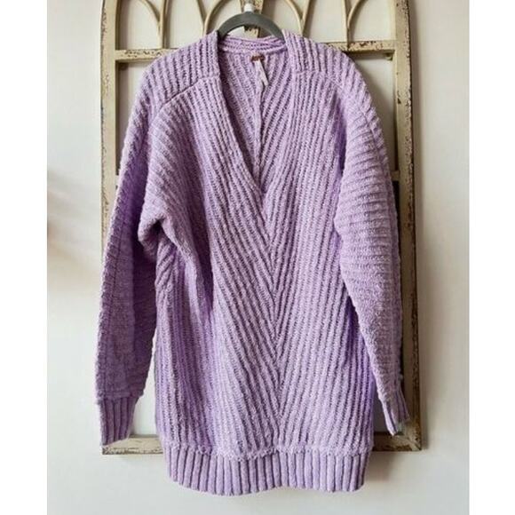 Free People Oversized Sweater Sunset V Neck Ribbed Pullover Lavender Purple Sz S - Picture 1 of 13